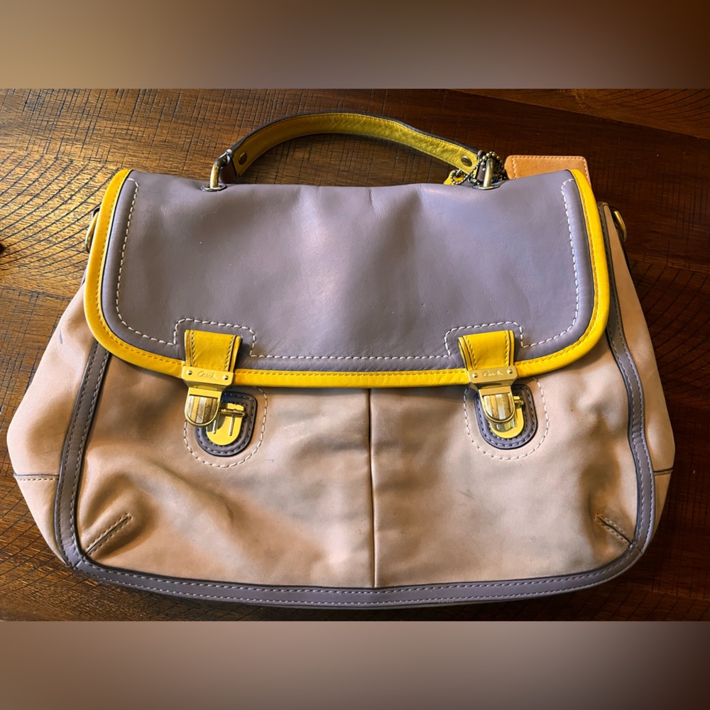 Coach Poppy Colorblock Leather Yellow Gray Tan Park Satchel Crossbody Bag